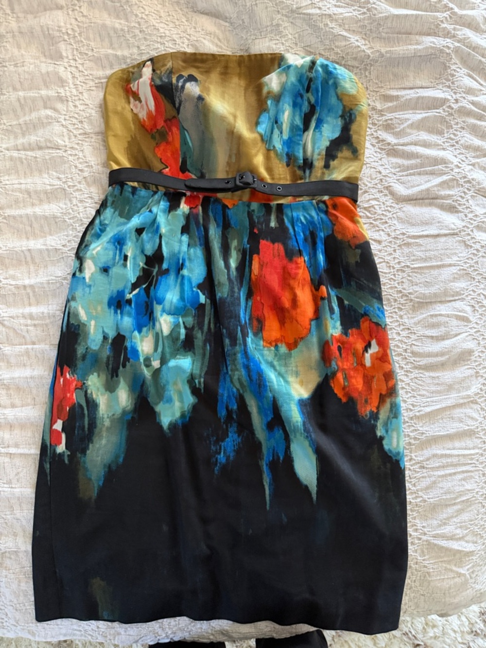 Anthropologie Strapless Floral Watercolor Print Dress in Black and Blue Sz 6